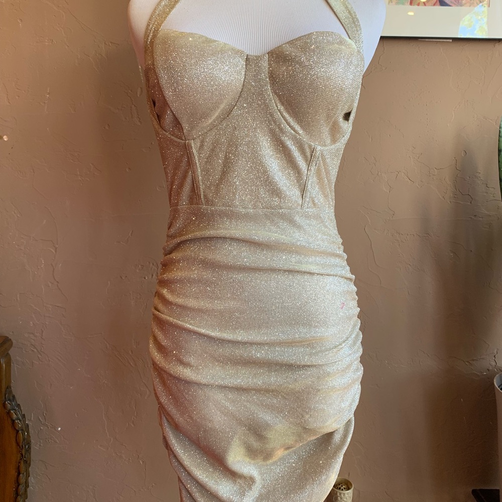 Gold Halter Shimmer Body Control Mini Dress - Picture 9 of 12